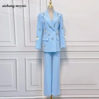 高端名媛御姐外贸西装套装女2025春秋新款钉钻羽毛微喇长裤两件套