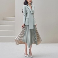 新款休闲双排扣西服外套长袖撞色不规则百褶裙春秋时尚套装女